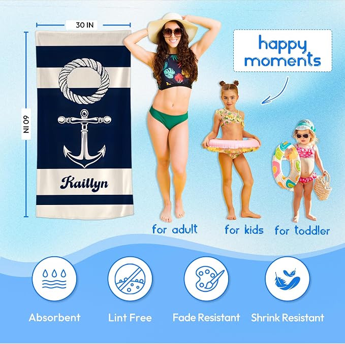 JML Personalized Beach Towel with Name, Custom Anchor Beach Towel, Customized Microfiber Pool Towel, Quick Dry & Absorbent Swim Towel for Adult,Mother's Day, Birthday, Summer Holiday,Vacation - Image 3