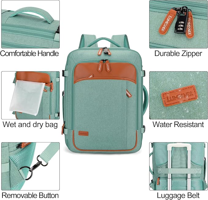 Lumesner 40L Expandable Carry On Travel Backpack with 4 Packing Cubes | Flight Approved, Fits 17 inch Laptop, Water-resistant, Suitcase Backpack, Business Weekender Luggage, Gift for Men & Women - Image 6