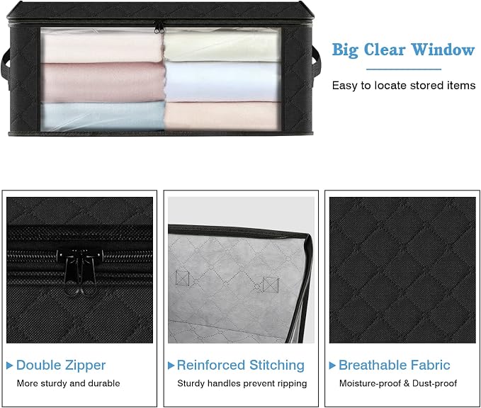 HomeHacks 6-Pack Clothes Organizer Storage Bags Foldable Storage Box with Large Clear Window Sturdy Handles for Closet, Dorm, Pillows, Bedding, Clothes, Stuffed Toys, Blankets, 35L, Black - Image 3