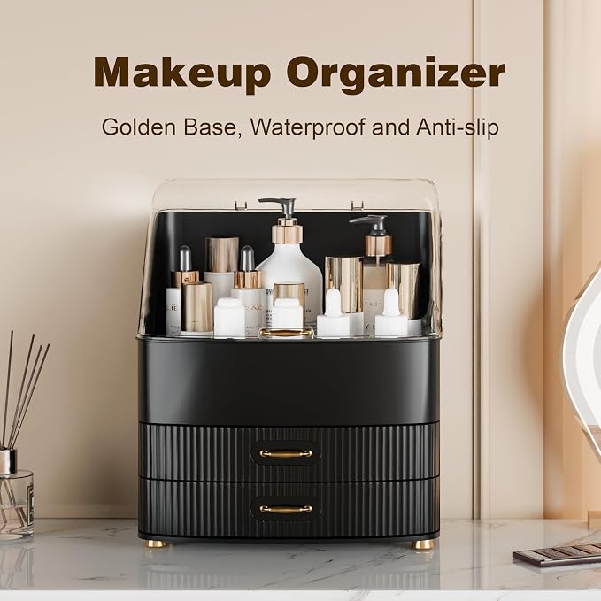 Makeup Organizer Countertop Vanity with Transparent Lid Drawers Waterproof Dustproof Cosmetic Skincare Bathroom Storage Gift for Women Teens Girls (Black) - Image 2