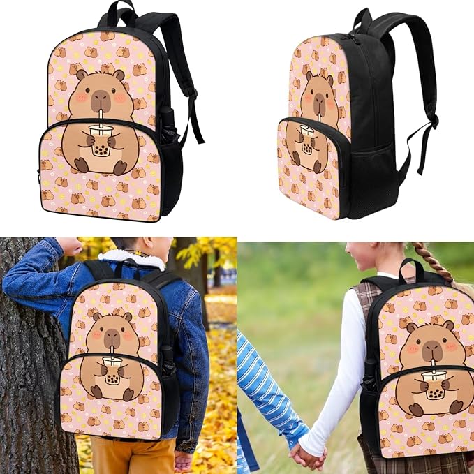 Cute School Backpack for Girls, Kids Capybara Milk Tea Backpack School Bookbags with Insulated Lunch Box Pencil Case 3 in 1, Lightweight School Bag - Image 2