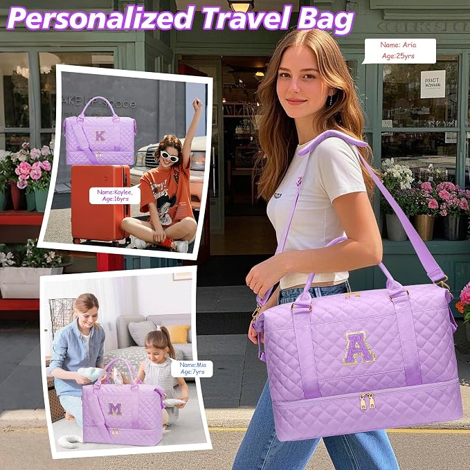 Gifts for Teen Girl Initial Travel Duffle Bag Quilted Weekender Bags Carry-On Overnight with Cosmetic Bag, Gym Bag with Shoe Compartment Hospital Bag for Women Labor Delivery, Purple-A - Image 4