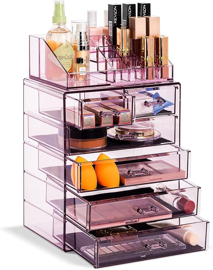 Sorbus Acrylic Makeup Organizer Set, 6-Drawer Vanity & Countertop Cosmetic Storage with Small & Wide Compartments, Purple Makeup Storage for Brushes, Jewelry – Holiday Gift for Women & Teens by Sorbus