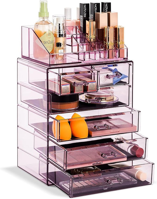 Sorbus Acrylic Makeup Organizer Set, 6-Drawer Vanity & Countertop Cosmetic Storage with Small & Wide Compartments, Purple Makeup Storage for Brushes, Jewelry – Holiday Gift for Women & Teens by Sorbus