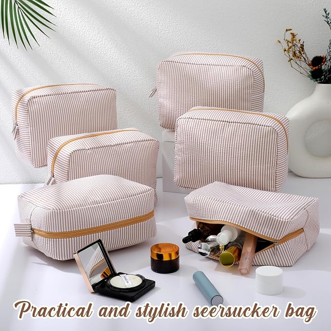 Sanwuta 6 Seersucker Cosmetic Bag Bulk Striped Makeup Bag for Women Aesthetic Cute Travel Toiletry Organizer Preppy Storage Pouch for Wedding Bridesmaid Mother's Day Teacher Gift (Large,Khaki) - Image 4