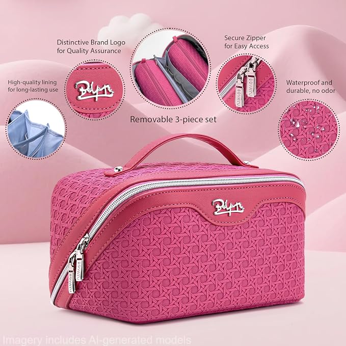 BOYATU Travel Makeup Bag Cosmetic Bags for Women: Large Capacity 3 Pcs Set Make up Bag with Compartments - Waterproof Vegan Leather Toiletry Organizer Bags with Handle (M-73Rose) - Image 3