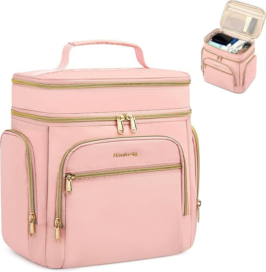 Hanke Large Toiletry Bag for Women Travel, Double Layer Organizer with Wide Opening for Full-Size Cosmetics & Toiletries, 12.2L Water-Resistant Makeup Bag,Pink by Hanke