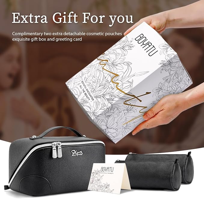 BOYATU Travel Makeup Bag Cosmetic Bags for Women: 3 Pcs Set Large Capacity Make up Bag with Handle - Waterproof Vegan Leather Toiletry Bags Travel Essentials with Compartments(C-2-Black) - Image 6