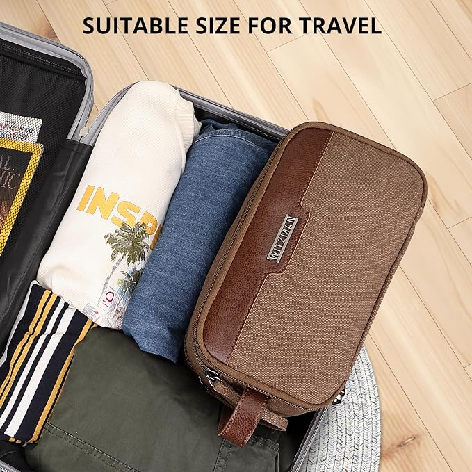 WITZMAN Canvas Toiletry Bag for Men Travel Toiletries Large 7L Dopp Kit | Multi-pockets with Dry-wet Pocket, Side Handle for Hanging, Lightweight, For Daily Use, Bathroom, Make up, A8002 Brown - Image 7