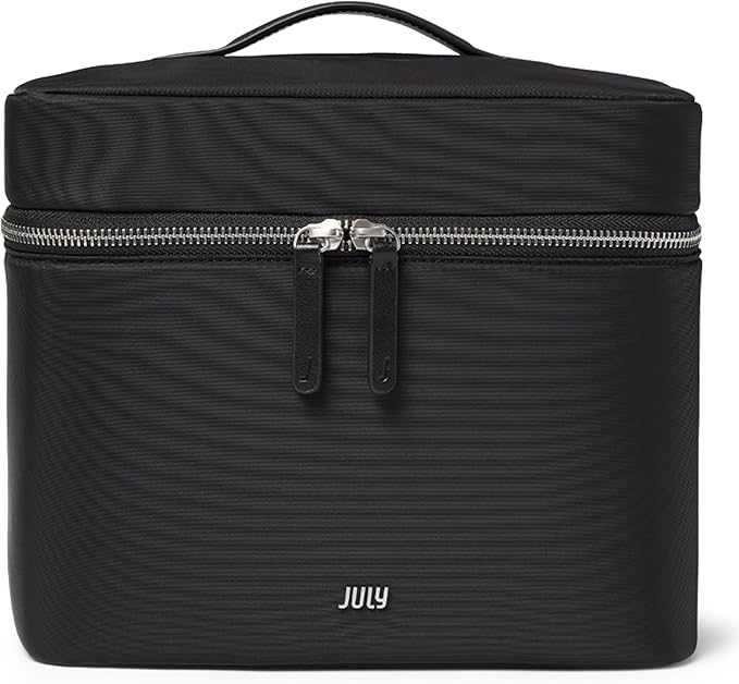 July Vanity Cosmetic Case - Stylish Travel Makeup Bag for Women with Removable Wet Pouch, Upright Bottle Design, Clear Top Pocket, Leather Handle, Travel Essentials, Toiletry Organizer - Black by Unknown
