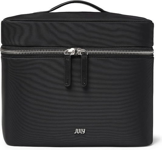 July Vanity Cosmetic Case - Stylish Travel Makeup Bag for Women with Removable Wet Pouch, Upright Bottle Design, Clear Top Pocket, Leather Handle, Travel Essentials, Toiletry Organizer - Black by Unknown
