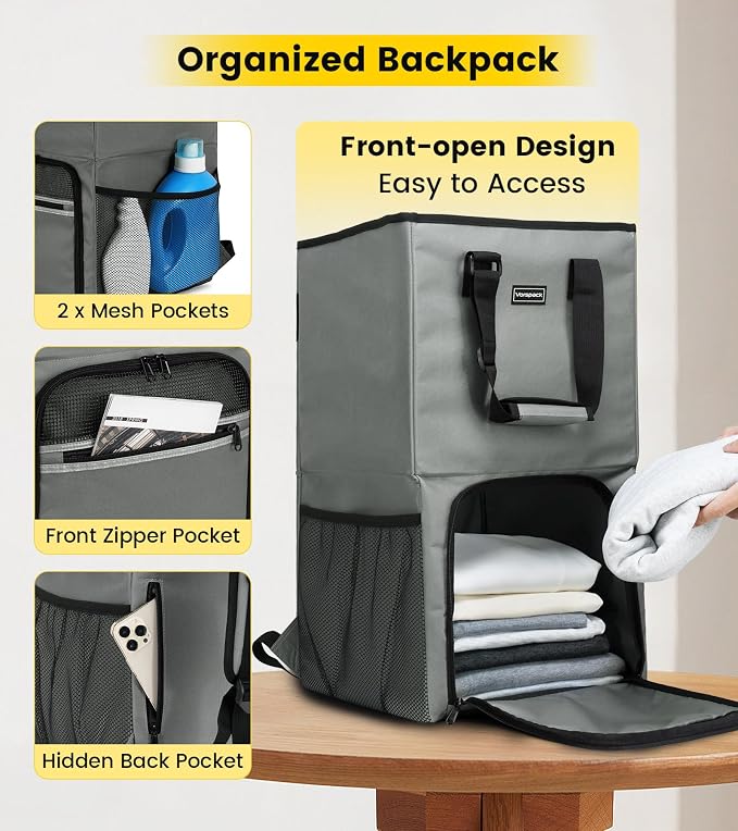 Vorspack Laundry Bag Backpack - Extra Large Laundry Bags with Shoulder Straps Heavy-duty 2 in 1 Laundry Hamper Basket for College Dorm Camp Laundromat Room Essentials - Grey - Image 3