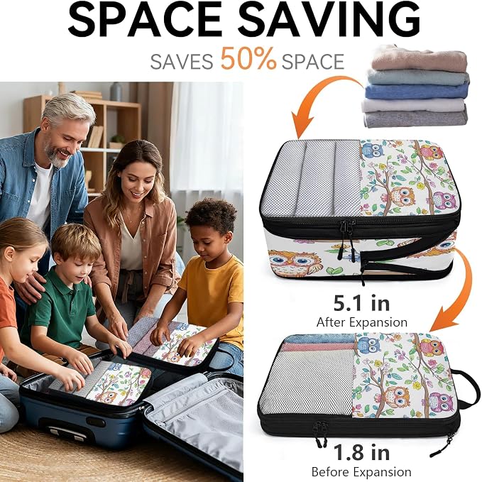Floral Owl 6 Set Compression Packing Cubes for Travel Luggage Carry On Suitcase Compressible Expandable Packing Cubes Organizers Bag - Image 6