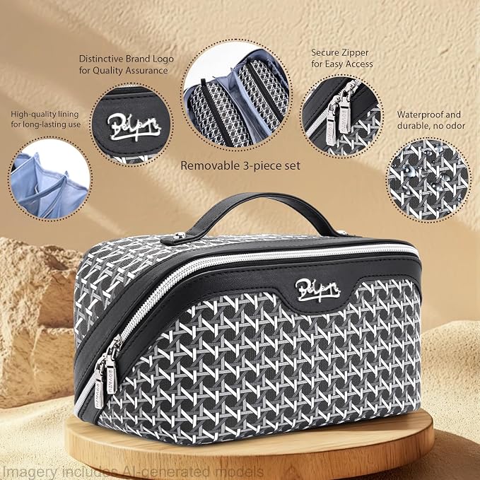BOYATU Travel Makeup Bag Cosmetic Bags for Women: Large Capacity 3 Pcs Set Make up Bag with Compartments - Waterproof Vegan Leather Toiletry Organizer Bags with Handle (M-76Black) - Image 3