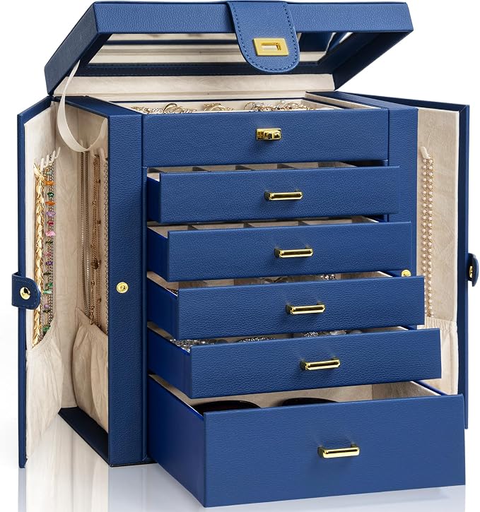 AKOZLIN 6-Tier Jewelry Box Organizer Functional 5 Drawers Leather Jewelry Storage Case for Women Girls Ring Necklace Earring Bracelet Holder Organizer with Mirror Blue Large by AKOZLIN