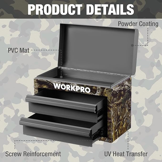WORKPRO Metal Mini Tool Box with 2 Drawers and Top Storage | Cold Rolled Steel Toolbox, Ball Bearing Slides, PVC Drawer Liners, PP Feet Pads, Durable Storage - Image 5