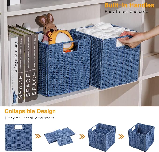 Vagusicc Wicker Storage Basket, Set of 2 Hand-Woven Storage Baskets for Shelves with Handles, Foldable Cube Storage Baskets Bins 11 Inch Large Wicker Baskets for Pantry Decor, Blue(11''x11''x11'') - Image 4