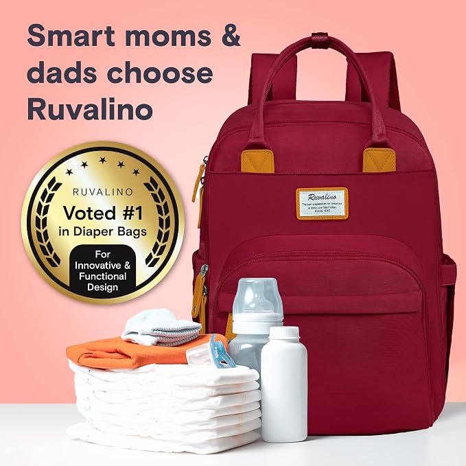 RUVALINO Diaper Bag Backpack, Multifunction Travel Pack Maternity Baby Changing Bags, Large Capacity, Waterproof, Purplish Red - Image 6