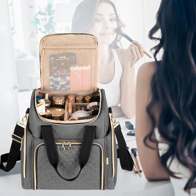 LUXJA Travel Makeup Bag with 2 Removable Makeup Cases, Gray | Large Cosmetic Bag with Multiple Storage Sections, 3 Detachable Dividers, Detachable Shoulder Strap, Trolley Sleeve - Image 8