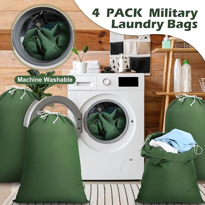 4 Pcs Army Laundry Bags 24'' x 32'' Extra Large Heavy Duty Military Barracks Drawstring Canvas Cotton Laundry Bags for Home Travel Camp Clothes Organizer Storage - Image 3