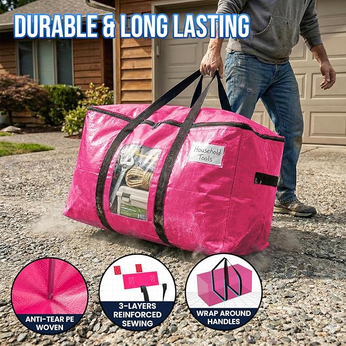 TAILI 10 Pack Pink Extra Large Moving Bags, Heavy Duty Totes with Visible Window, Wrap Around Handles, Ideal for Storage, Space-Saving - Image 3