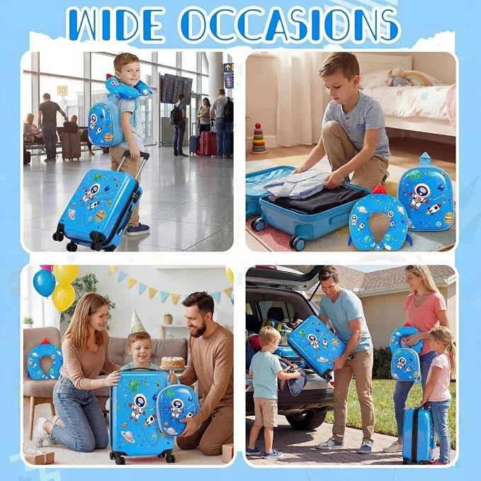 Sanwuta 4 Pcs Kids Luggage Set Back to School Gifts for Girls Boys Carry On Rolling Suitcase Backpack Neck Pillow Travel Set(18 Inch,Astronaut Style,Blue) - Image 7