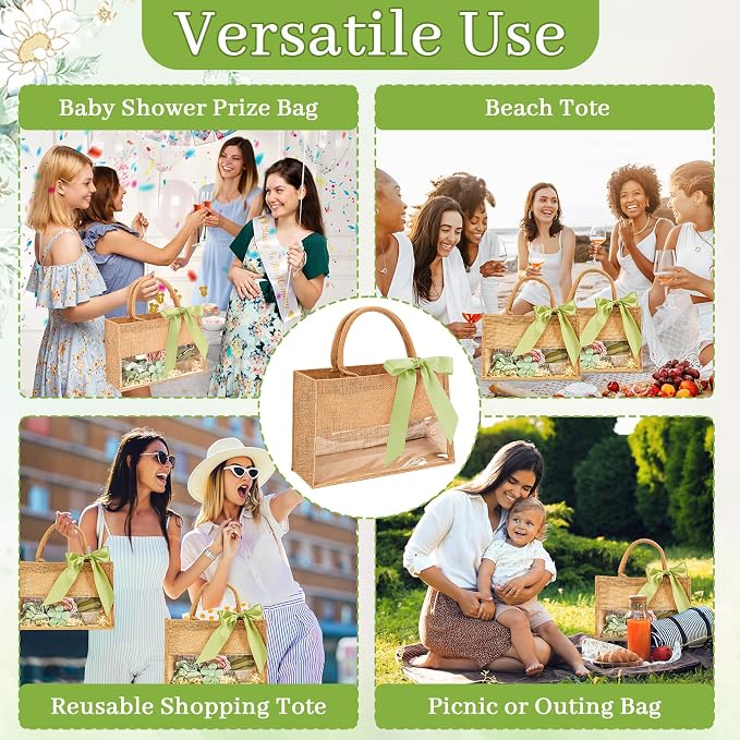 gisgfim 8 Pack Burlap Tote Bags Bachelorette Gift Bag with Clear PVC Window and Sage Green Ribbon DIY Bridesmaids Gift Bag Reusable Grocery Bags with Handle for Wedding Beach Shower Party - Image 5