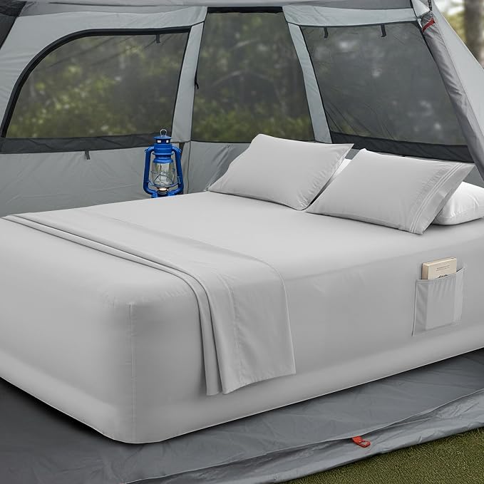 Mocassi 4-Piece Extra Deep Pocket 16-24 Inch Air Mattress Bed Sheet Set- 4PC Sheet Set with Smart Pockets Ideal for Air Beds, RVs, Camping and Guest Rooms Premium Hotel Quality, Cal King, Silver Grey by MocassiLuxuryBedding