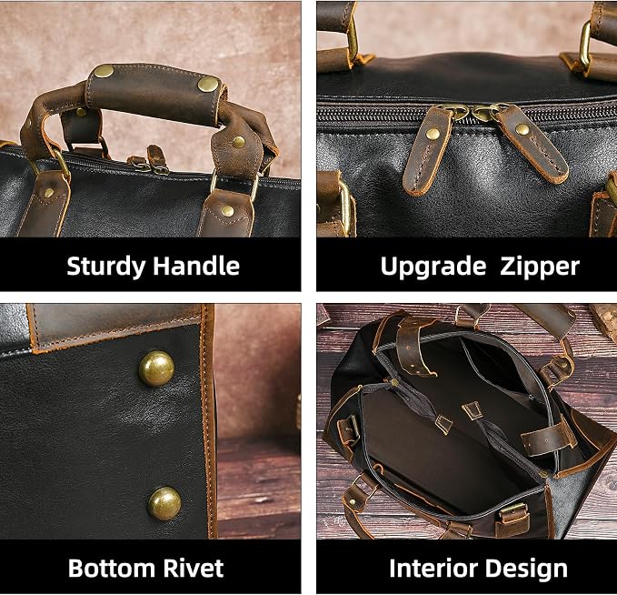 Water Resistant Canvas + Leather Travel Luggage Tote Duffle Gym Suitcase Weekender Overnight Bag For Men Male FB8151 (X-8151-Black) - Image 5