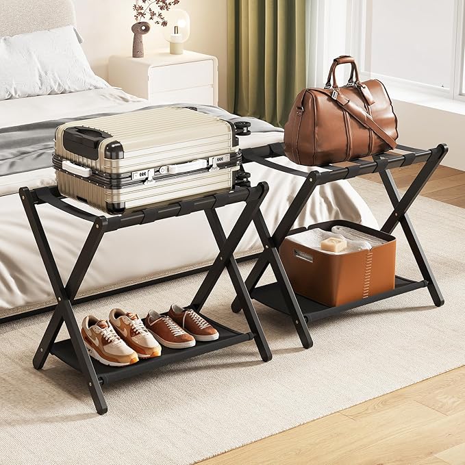 Fully Assembled Luggage Racks Set of 2, Bamboo Luggage Rack for Guest Room, Foldable Suitcase Stand with Fabric Storage Shelf for Bedroom, Hotel, Holds up to 165 lb, 26.77 x 16.93 x 22.5 Inches, Black by OAKVIVOElegantLifestyle