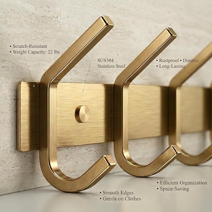 Brushed Gold Wall Mounted Coat Rack – 24 Inch Stainless Steel Rail with 8 Double Coat Hooks for Entryway, Bathroom, Bedroom, Kitchen – Modern Gold Hook Rack for Coats, Hats, Towels - Image 3