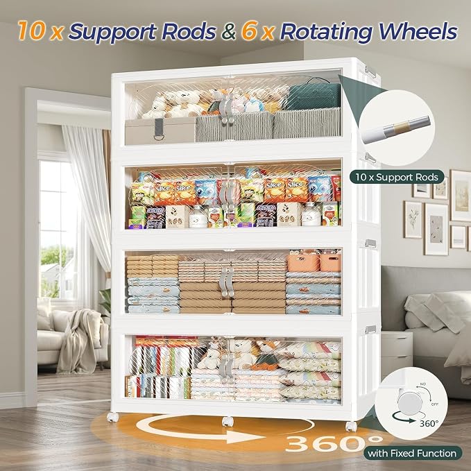 320Gal/1280QT 4-Tiers Extra Large Stackable Storage Bins with Lid, Collapsible Cabinet Closet Organizer Plastic Container Box with Wheels Doors Drawers for Office Dorm Kitchen, White - Image 5