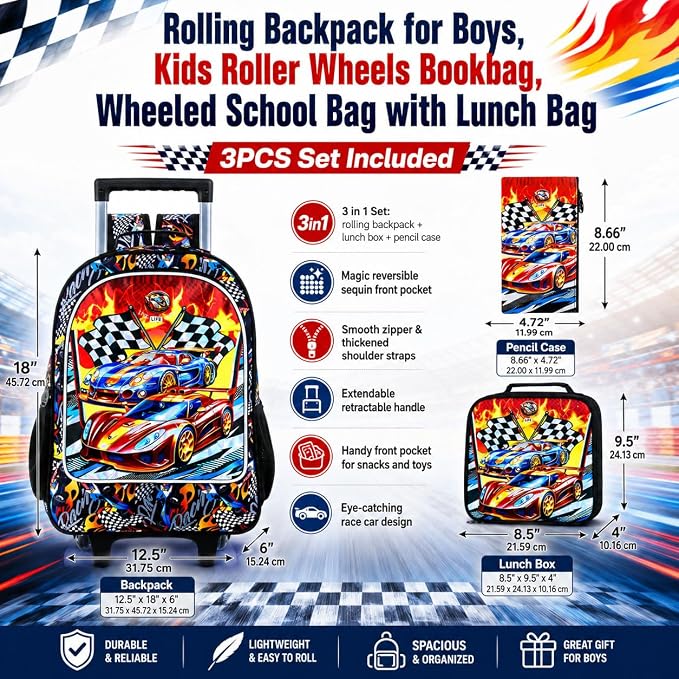 HPJGD 3PCS Car Rolling Bookbag for Boys, Kids School Backpack with Wheels, Water Resistant UV Printed Roller Wheeled Bookbag Set with Lunch Box - Image 5