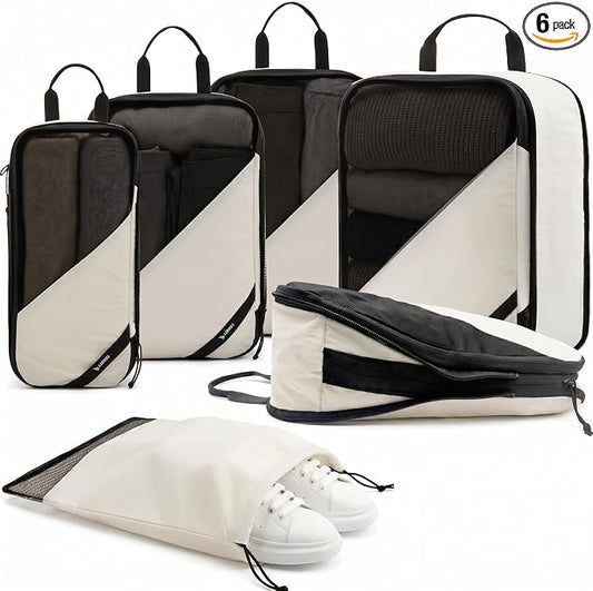 LUGGEX Compression Packing Cubes for Travel, 6 Set Lightweight Luggage Organizer Bags with Shoe Bag, Space Saving Suitcase Packing Cubes for Carry-On with Breathable Mesh, Double-Zipper (POX01, Beige) by LUGGEXLUGGAGE