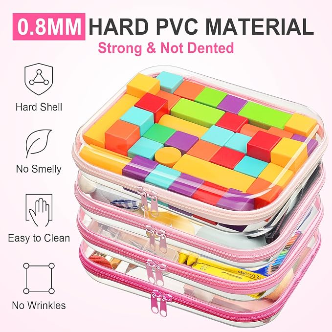 Hoolerry 4 Pcs Hard Clear Zipper Case Makeup Bags Plastic Zipper Pouch Transparent Storage Box Containers for Cosmetics, Snacks, Building Blocks, Puzzles(Clear,9.8 x 7.9 x 2 in,Pink) - Image 4