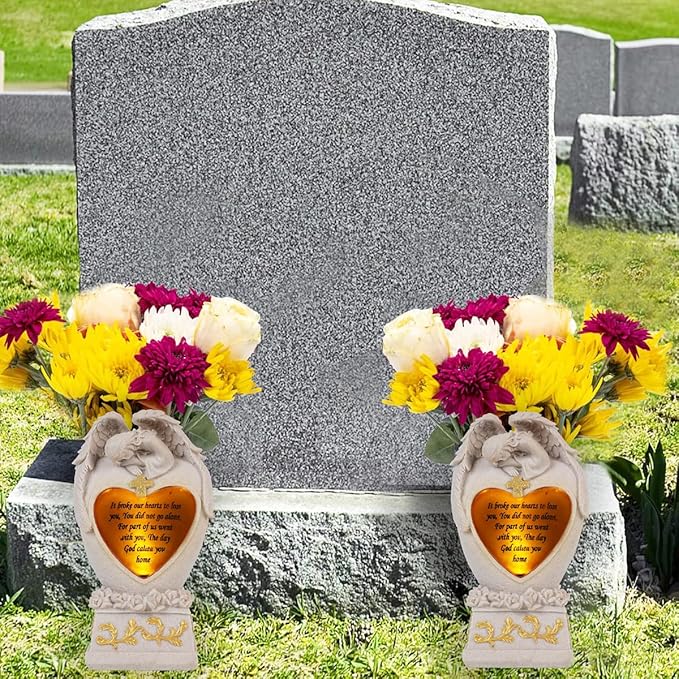 Cemetery Decorations for Grave, Garden Angel, Solar Lights, Family Memorial Statue, Funeral Gift, LED Vase, Crying Angel (Beige)