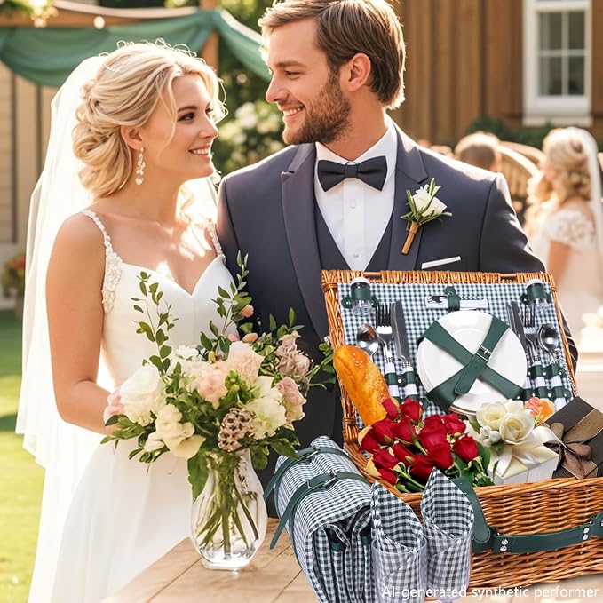 Picnic Basket Set for 4 with Waterproof Blanket Mat Insulation Bag Wicker Green Plaid Classic Cottagecore Gift for Christmas Thanksgiving Wedding Birthday Camp Outdoor Beach Travel - Image 9