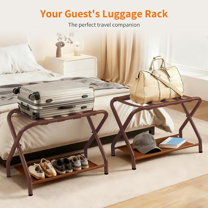 Heybly Luggage Rack for Guest Room, Pack of 2, Steel Folding Suitcase Stand with Storage Shelf for Bedroom, Hotel, Foldable Steel Frame, Guest Room 26.2" L x 14.4" W x 20.5" H, Brown HLR004Z2 - Image 2