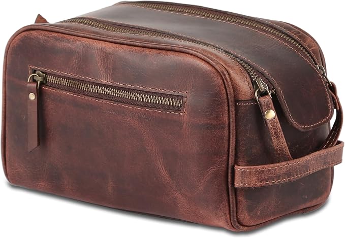 KomalC Travel Toiletry Bag – Premium Leather Dopp Kit for Men & Women with Water-Resistant Lining & Spacious Zippered Organizer by KomalC