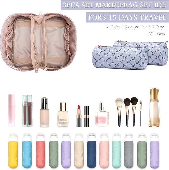Travel Makeup Bags for Women: 3 Pcs Set Luxury Bow Print Make up Bag - Large Capacity Cute Cosmetic Case - 3–15 Day Travel Toiletry Organizer Bag, Comes with An Gift Box(cerulean blue) - Image 4