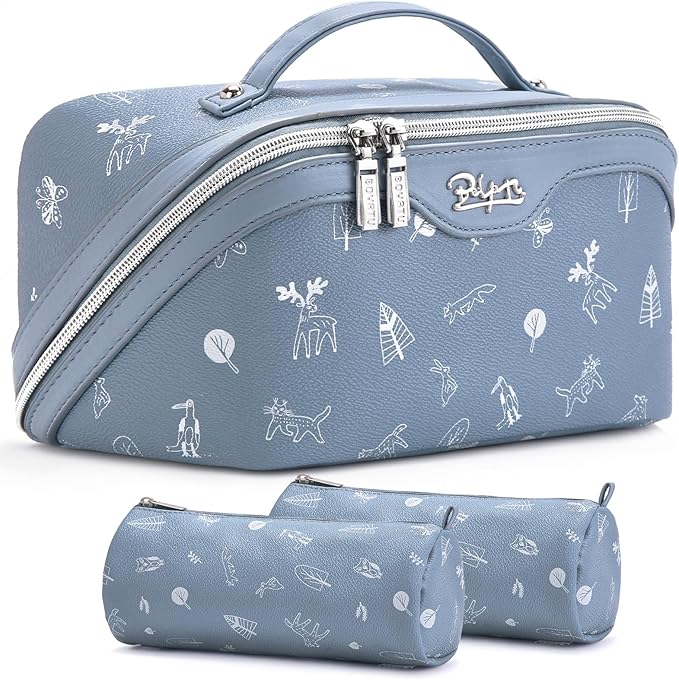 BOYATU Travel Makeup Bag Cosmetic Bags for Women: 3 Pcs Set Portable Make up Bag with Handle - PU Leather Toiletry Bags with Compartments - Makeup Organizer for Travel Essentials(L-2-Blue) by BOYATU