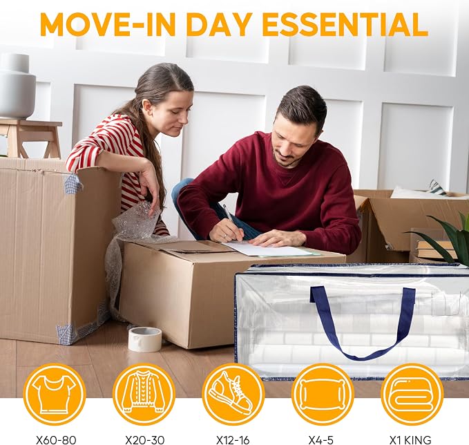HealSmart 12 Pack Extra Large Moving Bags with Zippers & Carrying Handles, Heavy-Duty Storage Tote Moving Boxes for Dorm Room Essentials Storage Bags, Clear - Image 6