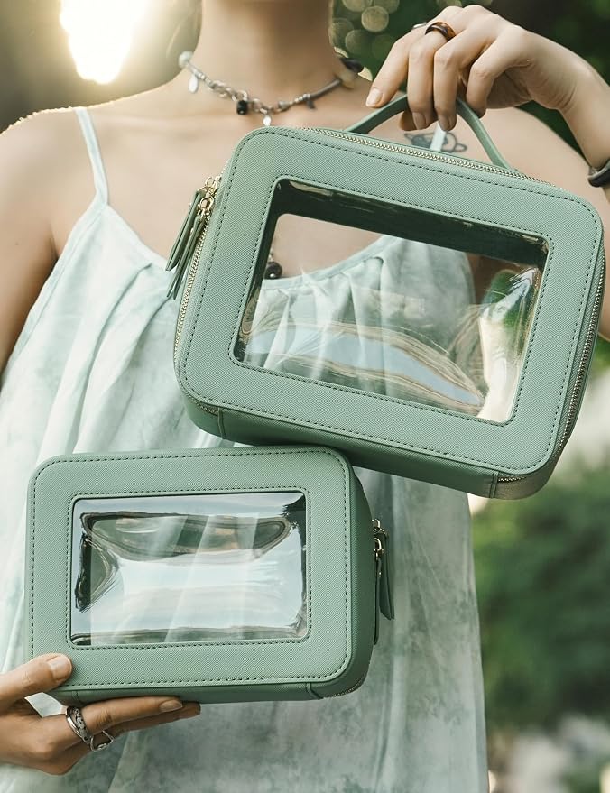 Popvibe Clear Makeup Bag Travel Cosmetic Case Transparent Toiletry Bag with Zipper, Portable Make Up Organizer Traveling Compact Car Bag for Essentials, Sage Green, Medium and Large - Image 7
