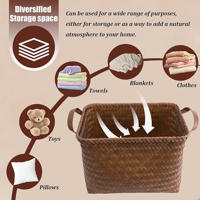 BROWNLILY Handwoven Clothes Basket Laundry Hampers Large Wicker Storage Baskets for Shelves Blankets Closet Storage Bins Car Bedroom Bathroom Organizers and Storage Bath (8, Brown) - Image 4