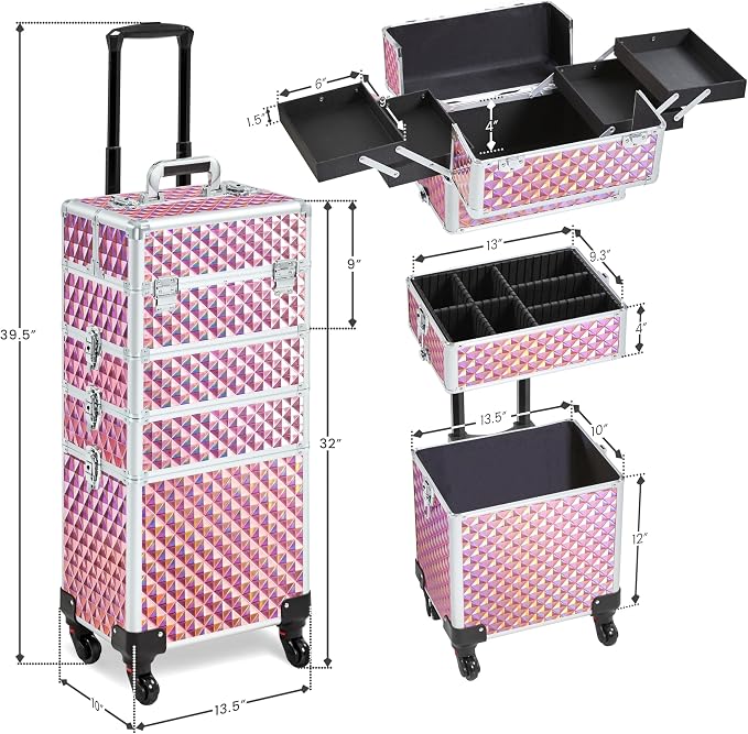 Yaheetech 4 in 1 Rolling Makeup Train Case, Glitter Pink Cosmetology Cart | Extra large diamond-finish aluminum train case with a lock, detachable tiers, and accordion trays keeping makeup organized - Image 5