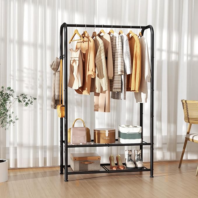 SINGAYE Wardrobe Standing Closet Clothing Rack With Shelf Hanging Clothes | Wardrobe Open Compact Small Metal Garment Hanger Stand Alone Free Standing Black Closet Rack Storage Organizer Heavy Duty - Image 6