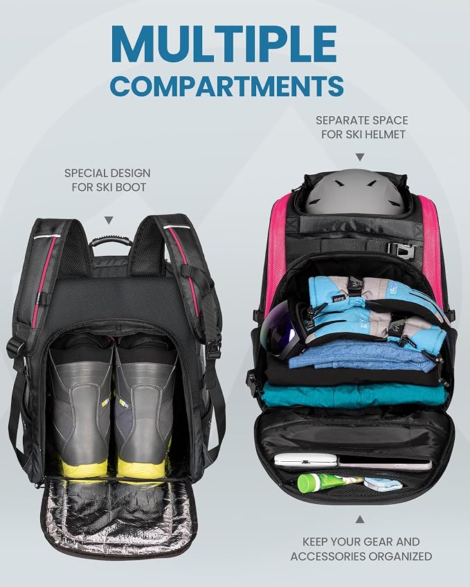 OutdoorMaster Boot Bag, 65L Waterproof Ski Snowboard Boots Air Cushion Shoulder Pad Skiing Gear Bag Travel Backpack for Ski Helmets, Goggles & Accessories Men & Women-Rose Red Gray - Image 3