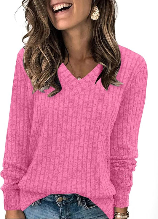 Sampeel V Neck Long Sleeve Shirts for Women Casual Fall Tops Lightweight Tunic Sweaters Fashion Clothes Loose Fit 2025
