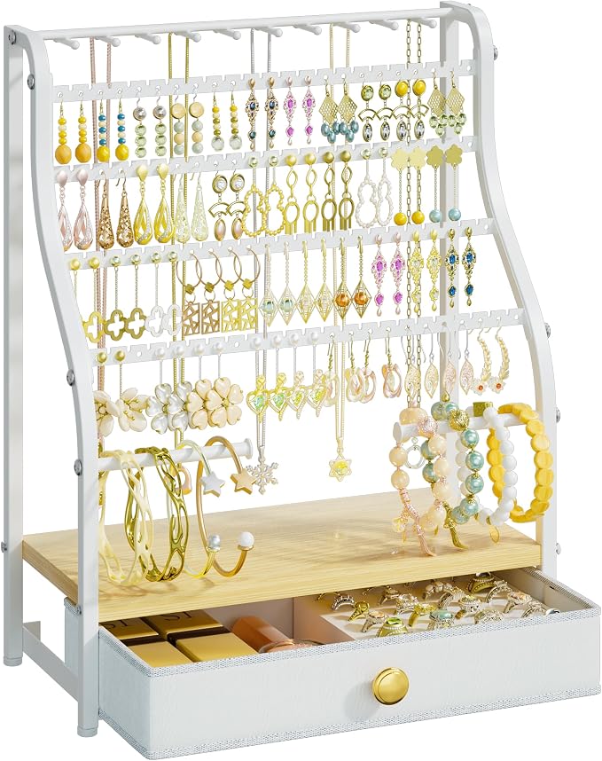 SWTYMIKI Earring Holder Organizer - Jewelry Organizer Stand with Necklace Hooks, Watch Rods, Nonwoven Drawer, Large Capacity Jewelry Display for Stud Earring Bracelet Necklace Ring, White by SwtyMiki-TidyHomeSweetLife