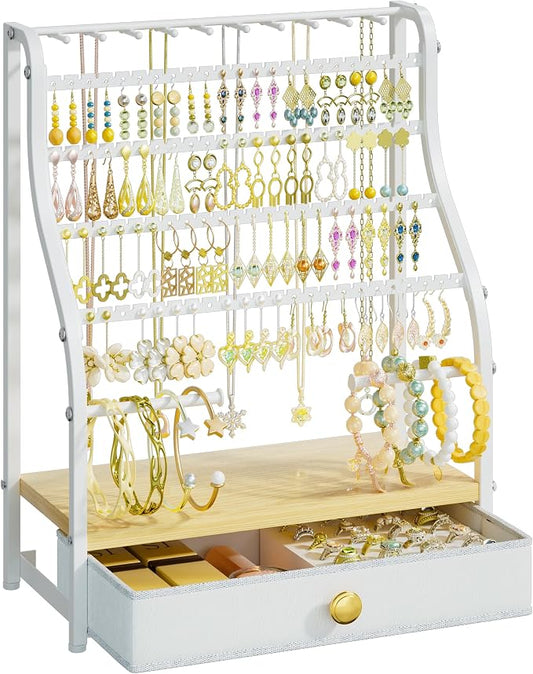 SWTYMIKI Earring Holder Organizer - Jewelry Organizer Stand with Necklace Hooks, Watch Rods, Nonwoven Drawer, Large Capacity Jewelry Display for Stud Earring Bracelet Necklace Ring, White by SwtyMiki-TidyHomeSweetLife